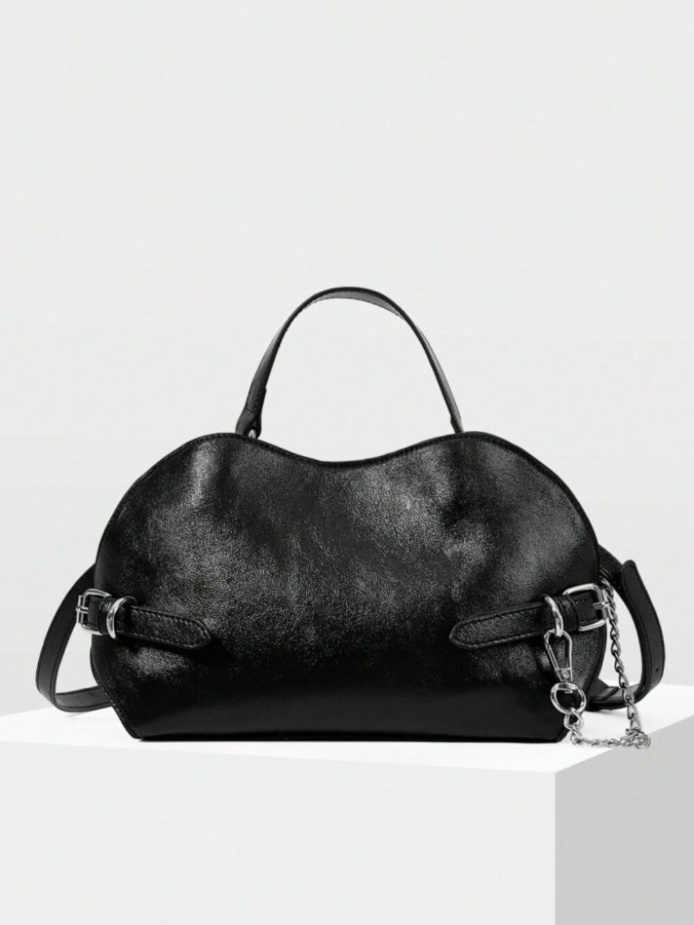 Black Buckle Strap Slouchy Satchel with Chain